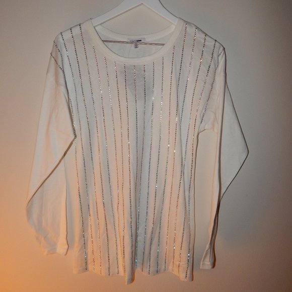 White Jeweled Striped Long Sleeve - Picture 1 of 4